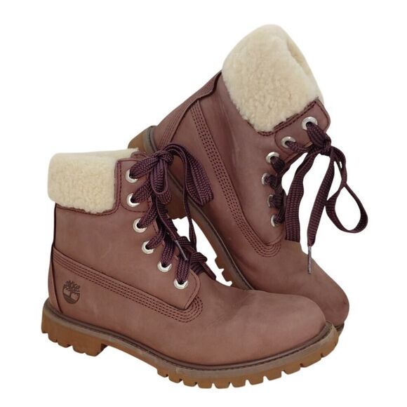 Timberland Womens Pre-owned Grape Leather Fur Lined Winter Boots - sz. 8 1/2 - Picture 1 of 7